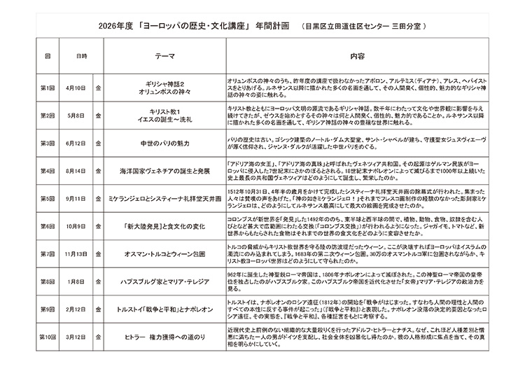 ヨーロッパの歴史・文化講座 日程表（令和8年度） 目黒区田道住区センター 三田分室